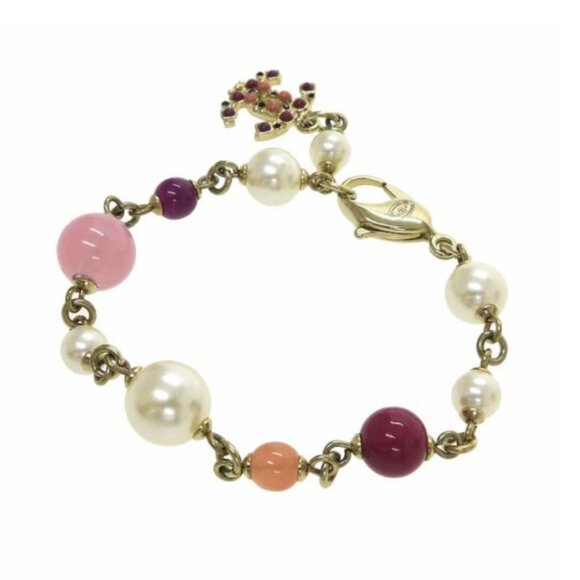 CHANEL CC Logo Multicolor Stone Pearl Bracelet 6.5" Gold Tone 12P Auth #6767F - Picture 2 of 6